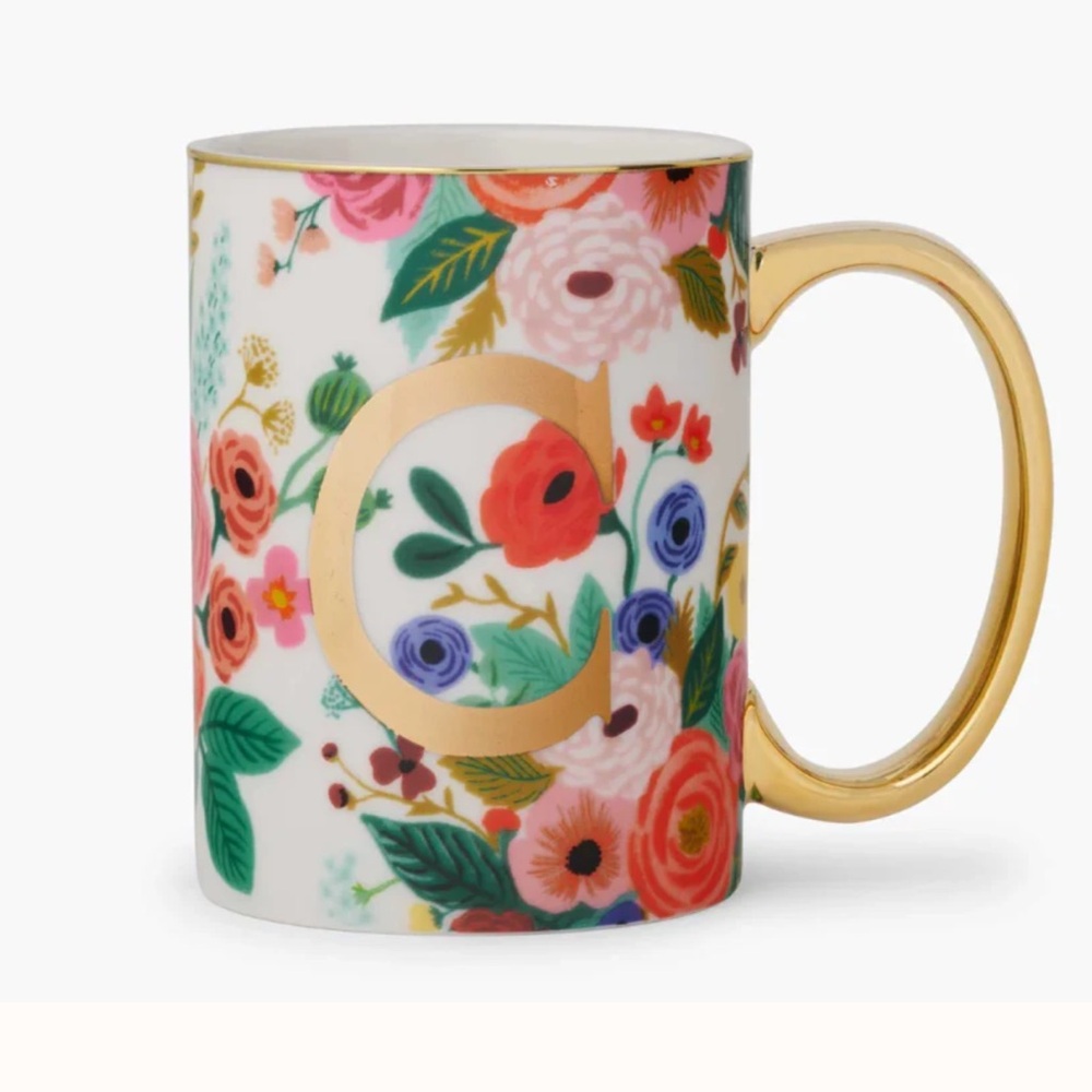 Rifle Paper Co for Anthropologie Floral Mug | Gold Monogram 16 oz ~ New